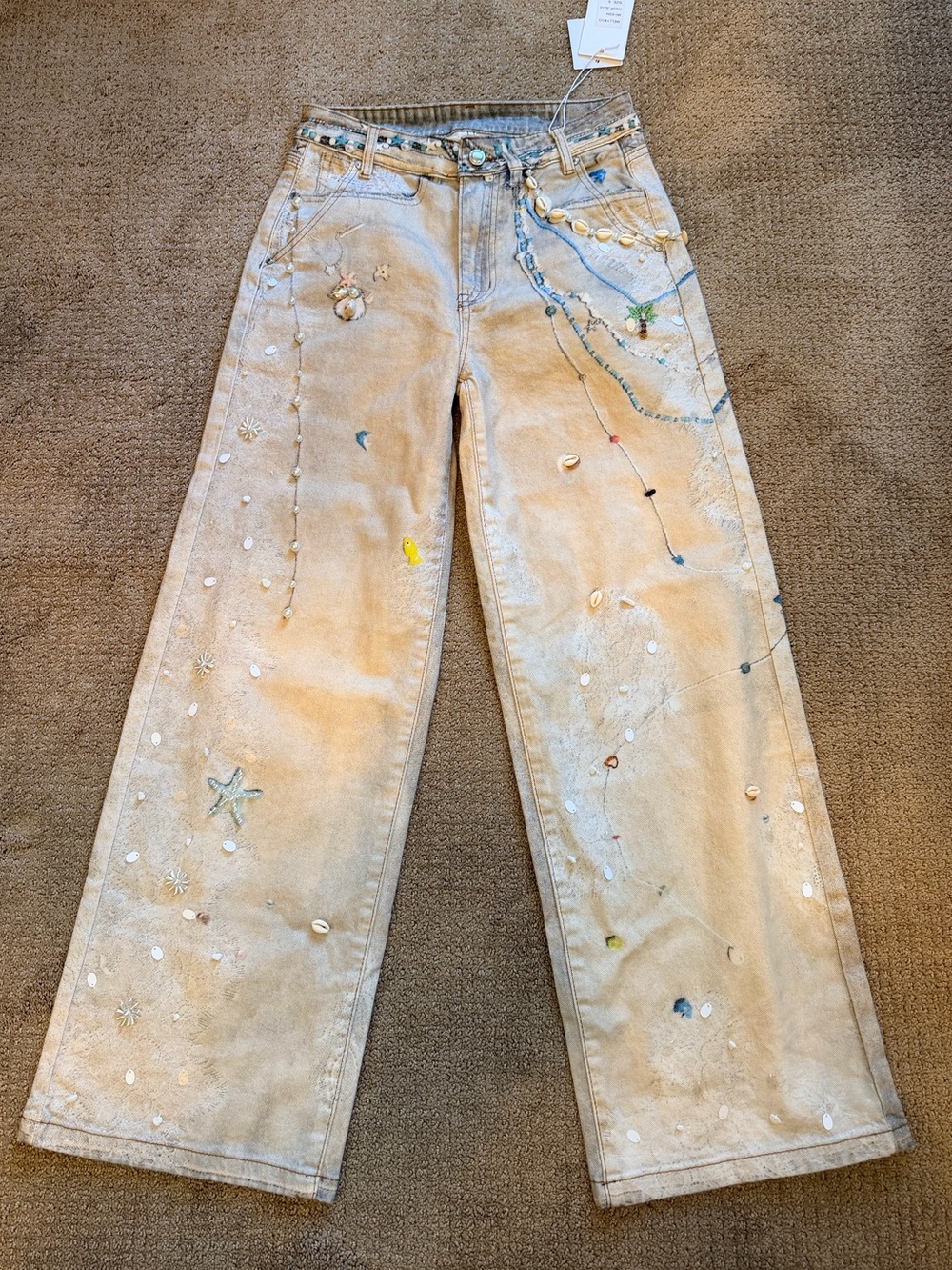 Boutique Light Wash Embellished and hand painted Wide-Leg Jeans NWT